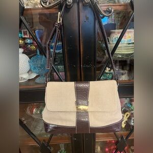 Etienne Aigner Beige Canvas Shoulder Bag with Brown Croc-Trim